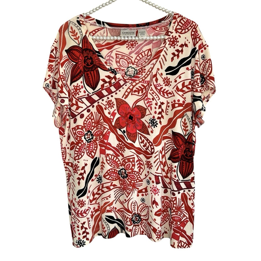 Chicos Travelers Tropical Floral Blouse Top Sz 3 XL V Neck Vacation Jersey Knit